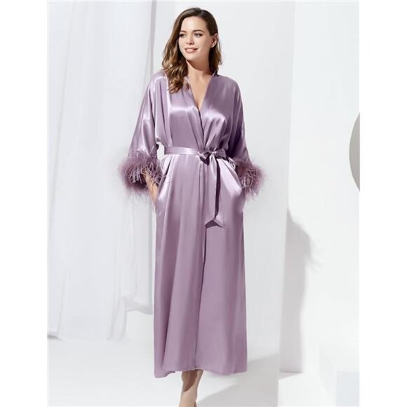 Satin Kimono Robe Long Silky Bathrobe with Ostrich Feather Trim - Picture 4 of 8